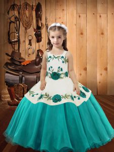 High End Aqua Blue Straps Neckline Embroidery Little Girls Pageant Dress Wholesale Sleeveless Lace Up