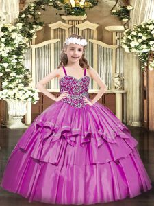 Fuchsia Organza Lace Up Custom Made Pageant Dress Sleeveless Floor Length Beading and Ruffled Layers