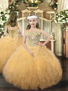 Custom Fit Ball Gowns High School Pageant Dress Gold Straps Organza Sleeveless Floor Length Lace Up