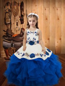 Blue Sleeveless Embroidery and Ruffles Floor Length Little Girls Pageant Gowns
