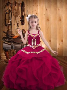 Organza Straps Sleeveless Lace Up Embroidery and Ruffles Little Girls Pageant Dress in Fuchsia