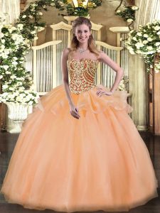 Extravagant Peach Sweetheart Lace Up Beading and Ruffles Quinceanera Dress Sleeveless