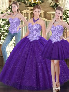 Sleeveless Floor Length Beading Lace Up Quince Ball Gowns with Purple
