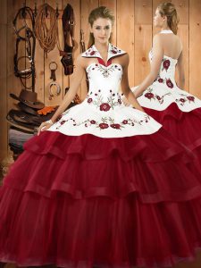 Organza Halter Top Sleeveless Sweep Train Lace Up Embroidery and Ruffled Layers Quinceanera Dresses in Wine Red