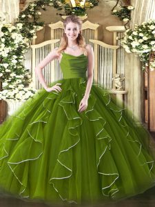Suitable Floor Length Olive Green Sweet 16 Dress Straps Sleeveless Zipper