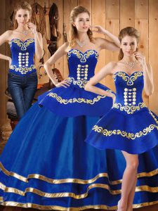 Custom Made Blue Ball Gowns Satin and Tulle Sweetheart Sleeveless Embroidery Floor Length Lace Up Sweet 16 Dresses