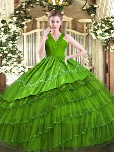 Latest Olive Green Sleeveless Embroidery and Ruffled Layers Floor Length 15th Birthday Dress