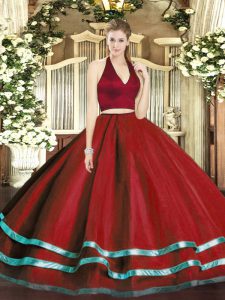 Sleeveless Tulle Floor Length Zipper Sweet 16 Dresses in Wine Red with Ruffled Layers