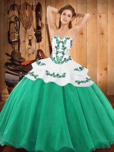 Floor Length Lace Up Quinceanera Gown Turquoise for Military Ball and Sweet 16 and Quinceanera with Embroidery
