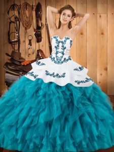 Satin and Organza Strapless Sleeveless Lace Up Embroidery and Ruffles Ball Gown Prom Dress in Teal