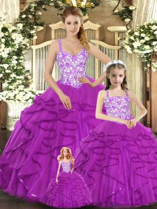 Wonderful Straps Sleeveless Sweet 16 Dresses Floor Length Beading and Ruffles Fuchsia Organza