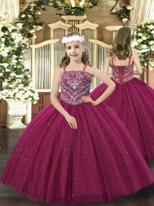 Unique Floor Length Fuchsia Little Girl Pageant Gowns Tulle Sleeveless Beading