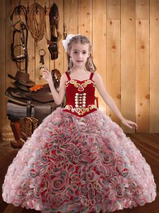 Straps Sleeveless Fabric With Rolling Flowers Pageant Gowns For Girls Embroidery and Ruffles Lace Up