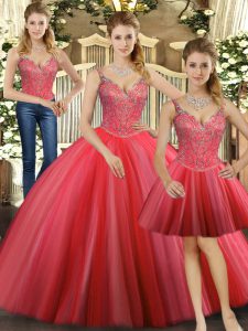 Amazing Coral Red Three Pieces Tulle Straps Sleeveless Beading Floor Length Lace Up Quinceanera Gown