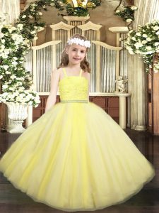 Latest Floor Length Yellow Little Girl Pageant Gowns Straps Sleeveless Zipper