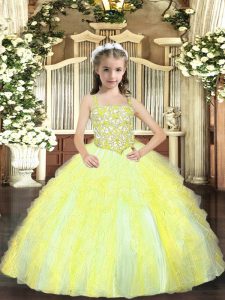 Yellow Green Tulle Lace Up Straps Sleeveless Floor Length Little Girls Pageant Dress Wholesale Beading and Ruffles