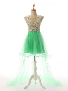 Turquoise Backless Scoop Appliques Dress for Prom Tulle Sleeveless