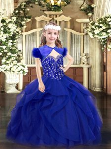 Cheap Royal Blue Ball Gowns Tulle Straps Sleeveless Beading and Ruffles Floor Length Lace Up Pageant Dress