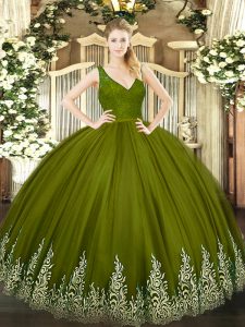 Sleeveless Tulle Floor Length Backless Quinceanera Dresses in Olive Green with Beading and Lace and Appliques