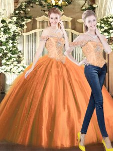 Delicate Orange Red Tulle Lace Up Off The Shoulder Sleeveless Floor Length Quinceanera Gowns Beading