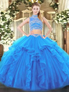 Suitable Baby Blue Two Pieces Beading and Ruffles Quinceanera Dresses Backless Tulle Sleeveless Floor Length