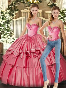 Fine Watermelon Red Two Pieces Beading and Ruffled Layers 15th Birthday Dress Lace Up Organza Sleeveless Floor Length