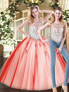 Best Red Two Pieces Beading 15th Birthday Dress Zipper Tulle Sleeveless Floor Length