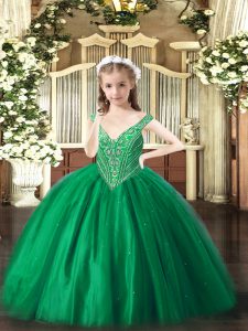 Admirable Green V-neck Lace Up Beading Little Girls Pageant Gowns Sleeveless