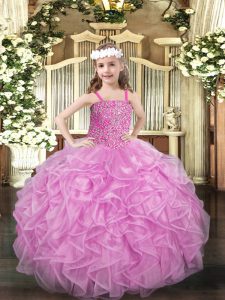 Floor Length Ball Gowns Sleeveless Rose Pink Little Girl Pageant Gowns Lace Up