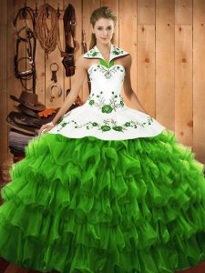 Sleeveless Satin and Organza Floor Length Lace Up Quinceanera Dresses in with Embroidery and Ruffled Layers