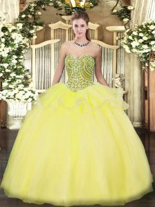 Delicate Tulle Sweetheart Sleeveless Lace Up Beading and Ruffles Quinceanera Dress in Yellow