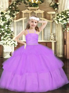 Perfect Lavender Sleeveless Beading and Lace Floor Length Little Girls Pageant Dress