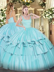 New Style Straps Sleeveless Zipper Sweet 16 Dresses Aqua Blue Organza and Taffeta