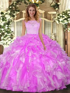 Lilac Organza Clasp Handle Scoop Sleeveless Floor Length 15th Birthday Dress Lace and Ruffles