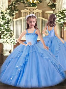 Baby Blue Lace Up Straps Appliques and Ruffles Pageant Dress for Teens Organza Sleeveless