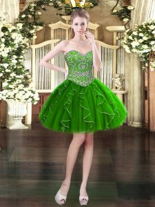 Dark Green Sleeveless Mini Length Beading and Ruffles Lace Up Evening Dress