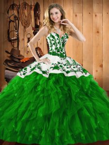 High Quality Green Sleeveless Embroidery and Ruffles Floor Length Quince Ball Gowns