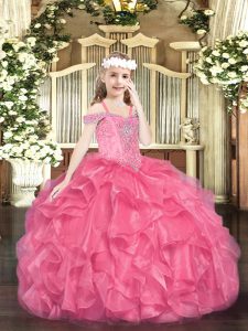 Amazing Hot Pink Sleeveless Organza Lace Up Little Girls Pageant Gowns for Party and Quinceanera