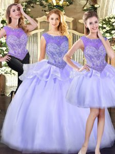 Floor Length Lavender Sweet 16 Dresses Organza Sleeveless Beading