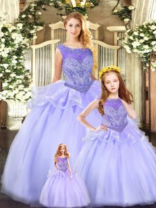 Free and Easy Lavender Tulle Lace Up Scoop Sleeveless Floor Length Sweet 16 Dress Beading