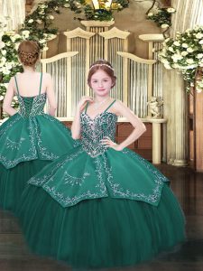 Sleeveless Floor Length Beading and Embroidery Lace Up Kids Formal Wear with Dark Green