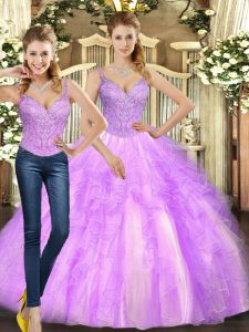 Admirable Organza Straps Sleeveless Lace Up Beading and Ruffles Sweet 16 Quinceanera Dress in Lilac