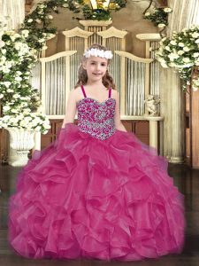 Nice Sleeveless Organza Floor Length Lace Up Little Girl Pageant Dress in Fuchsia with Beading and Ruffles