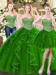 Custom Designed Floor Length Green Ball Gown Prom Dress Organza Sleeveless Beading and Ruffles