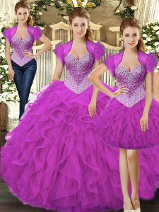 Captivating Fuchsia Ball Gowns Tulle Straps Sleeveless Beading and Ruffles Floor Length Lace Up Quinceanera Dress