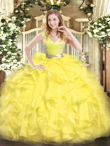 Yellow Quinceanera Dress Military Ball and Sweet 16 and Quinceanera with Beading and Ruffles V-neck Sleeveless Zipper