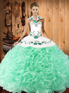 Stunning Sleeveless Floor Length Embroidery Lace Up Sweet 16 Dress with Apple Green