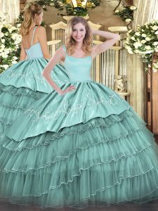 Floor Length Blue Vestidos de Quinceanera Organza Sleeveless Embroidery and Ruffled Layers