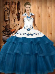 On Sale Sleeveless Embroidery and Ruffled Layers Lace Up Sweet 16 Dresses with Blue Sweep Train