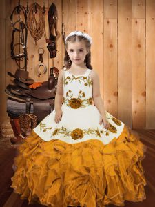 Sleeveless Organza Floor Length Zipper Little Girls Pageant Dress in Gold with Embroidery and Ruffles